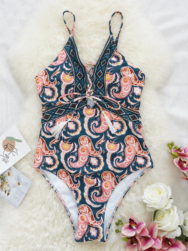 deep V strappy one-piece swimsuit cashew flower print triangle one-piece swimsuit