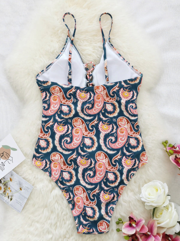 deep V strappy one-piece swimsuit cashew flower print triangle one-piece swimsuit