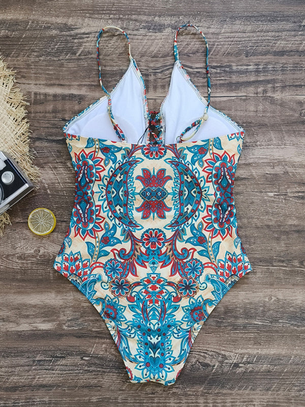 deep V strappy one-piece swimsuit cashew flower print triangle one-piece swimsuit