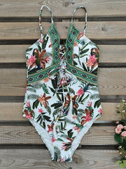 deep V strappy one-piece swimsuit cashew flower print triangle one-piece swimsuit