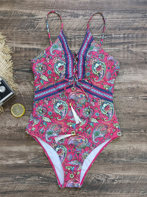 deep V strappy one-piece swimsuit cashew flower print triangle one-piece swimsuit