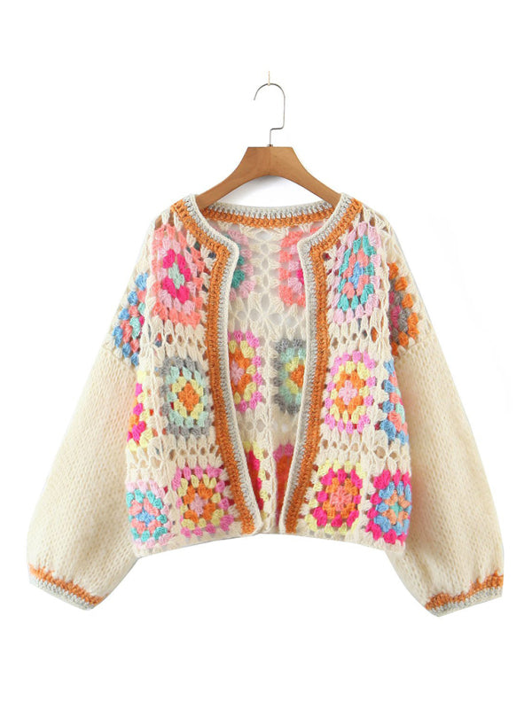 Women's loose color block crochet cardigan
