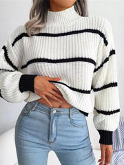 Lässiger Rollkragenpullover mit gestreiften Ballonärmeln für Damen 