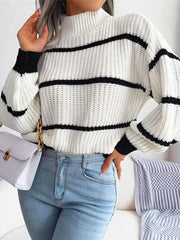 Lässiger Rollkragenpullover mit gestreiften Ballonärmeln für Damen 
