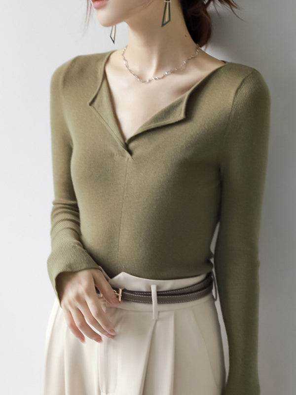 Haut en tricot slim à manches longues et col en V 