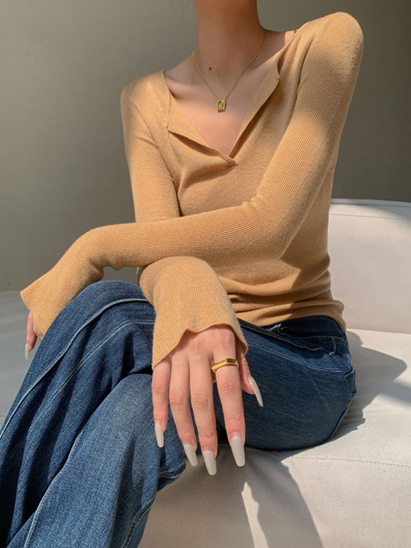 Haut en tricot slim à manches longues et col en V 