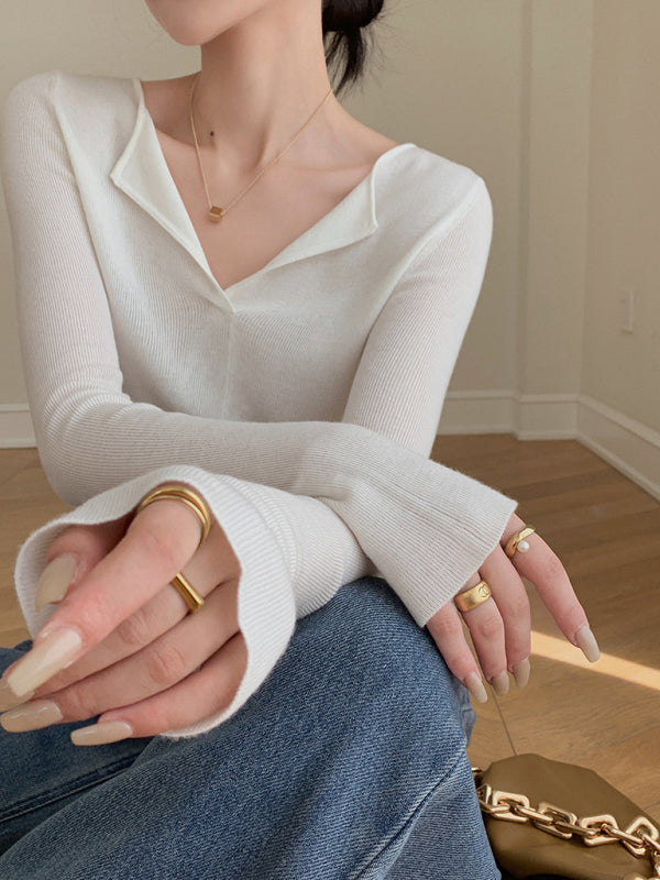 Haut en tricot slim à manches longues et col en V 