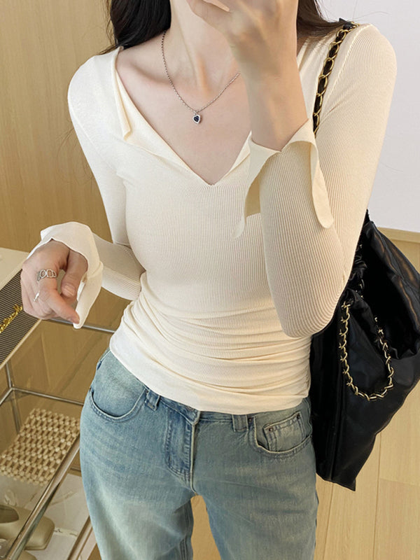 V-neck bell sleeve slim knitted top