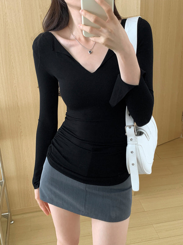 V-neck bell sleeve slim knitted top