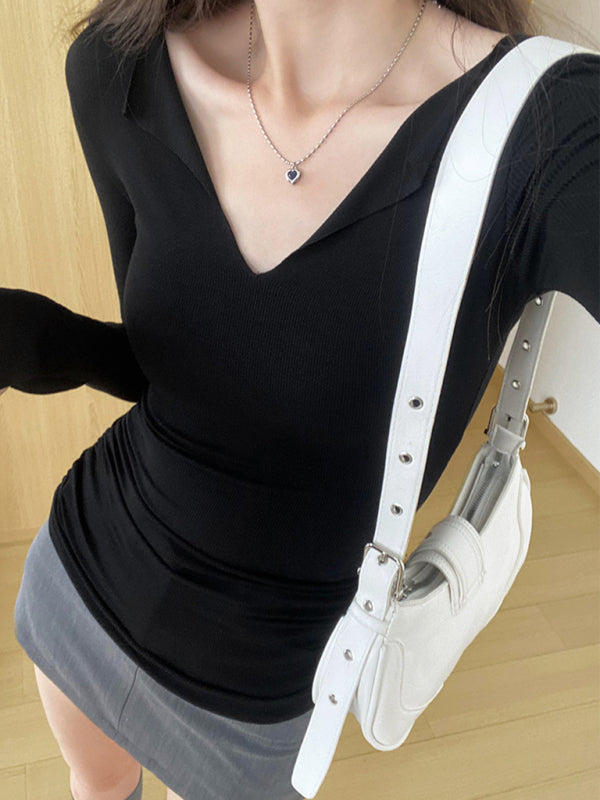 V-neck bell sleeve slim knitted top