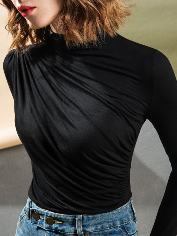turtleneck pleated slim fit knitted top