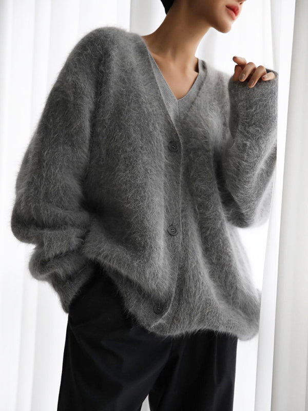 Lockere Langarm-Strickjacke aus Wolle mit V-Ausschnitt für Damen 