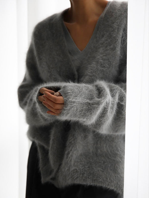 Lockere Langarm-Strickjacke aus Wolle mit V-Ausschnitt für Damen 
