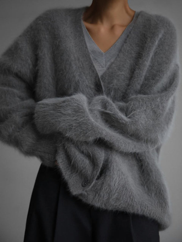 Lockere Langarm-Strickjacke aus Wolle mit V-Ausschnitt für Damen 