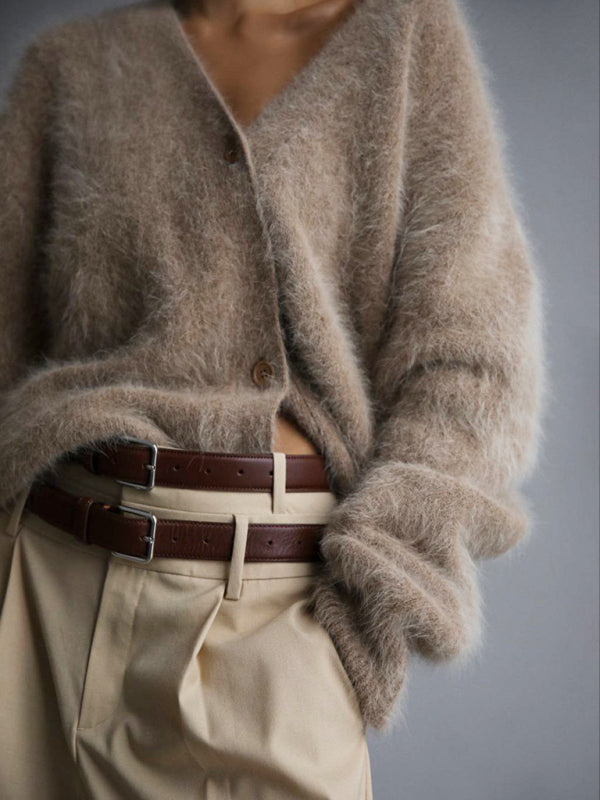 Lockere Langarm-Strickjacke aus Wolle mit V-Ausschnitt für Damen 