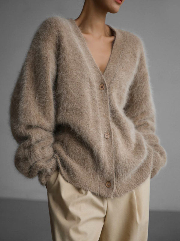 Lockere Langarm-Strickjacke aus Wolle mit V-Ausschnitt für Damen 