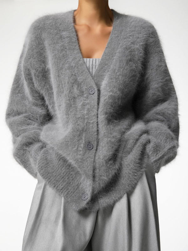 Lockere Langarm-Strickjacke aus Wolle mit V-Ausschnitt für Damen 