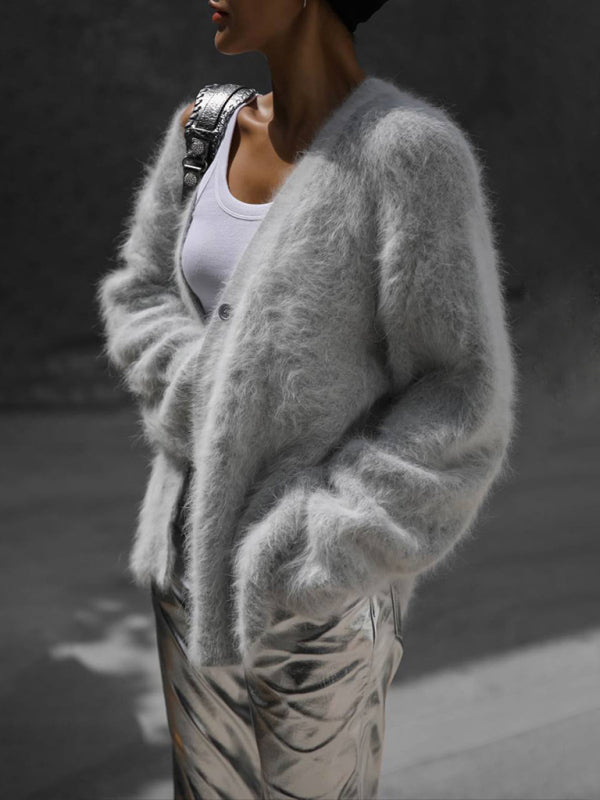 Lockere Langarm-Strickjacke aus Wolle mit V-Ausschnitt für Damen 