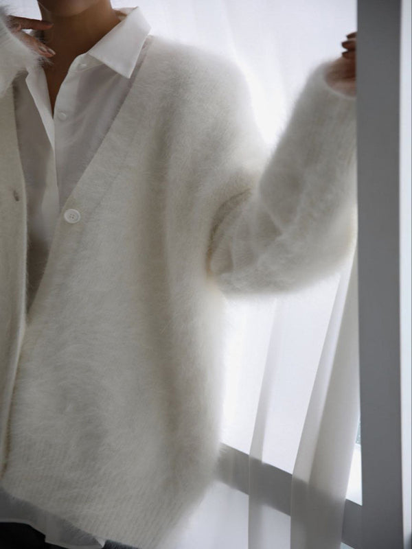 Lockere Langarm-Strickjacke aus Wolle mit V-Ausschnitt für Damen 