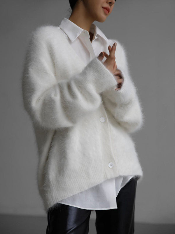 Lockere Langarm-Strickjacke aus Wolle mit V-Ausschnitt für Damen 