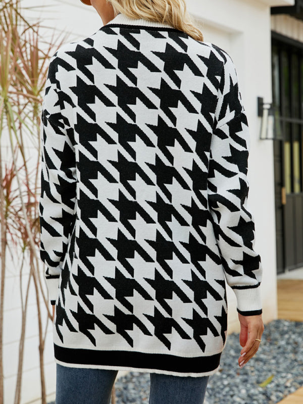V-neck houndstooth cardigan sweater