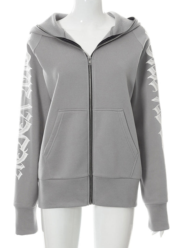 Zippered letter print hooded long-sleeved casual sweatshirt
