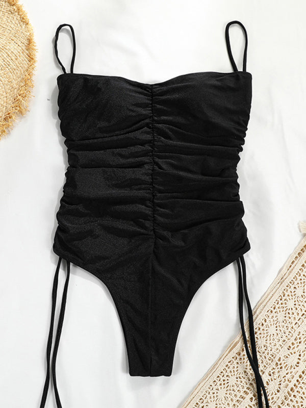 drawstring one-piece swimsuit solid color pleated suspender bikini