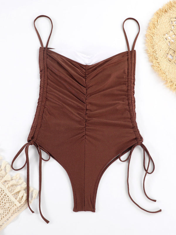 drawstring one-piece swimsuit solid color pleated suspender bikini