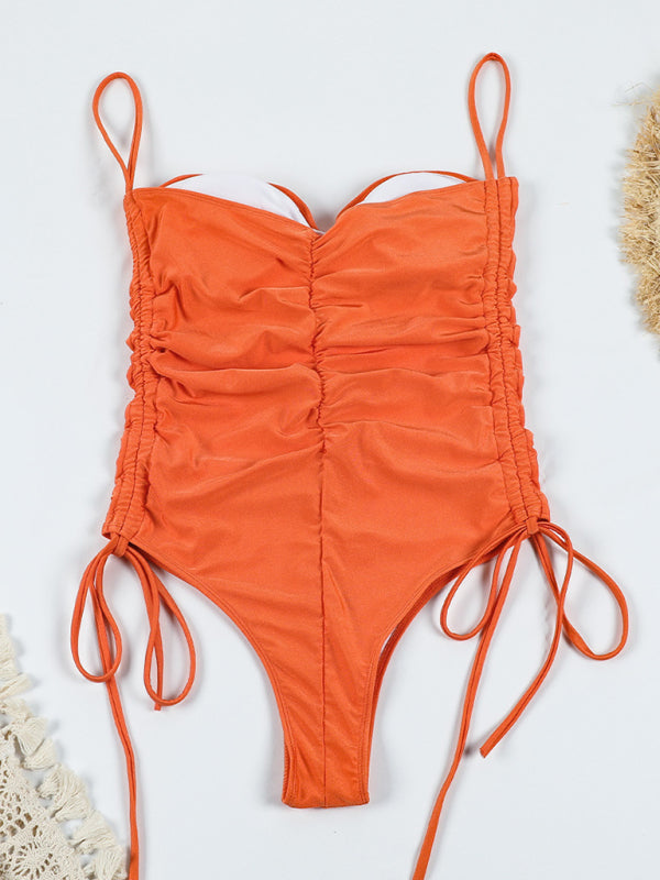 drawstring one-piece swimsuit solid color pleated suspender bikini