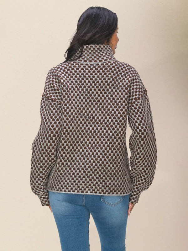 Lässiger Damen-Strickpullover mit Karomuster und ReißverschlussRP0023567 