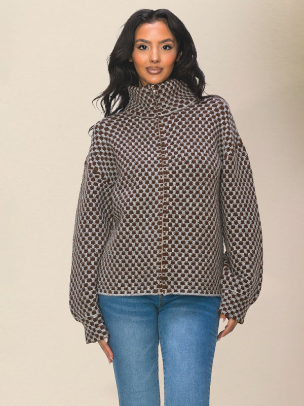 Lässiger Damen-Strickpullover mit Karomuster und ReißverschlussRP0023567 