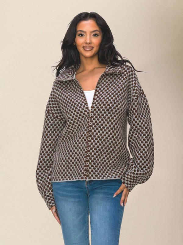 Lässiger Damen-Strickpullover mit Karomuster und ReißverschlussRP0023567 