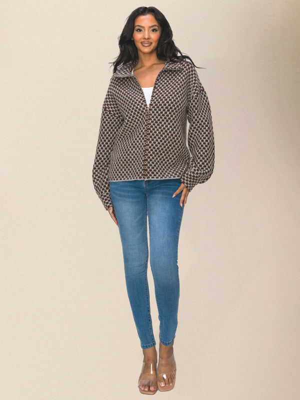 Lässiger Damen-Strickpullover mit Karomuster und ReißverschlussRP0023567 