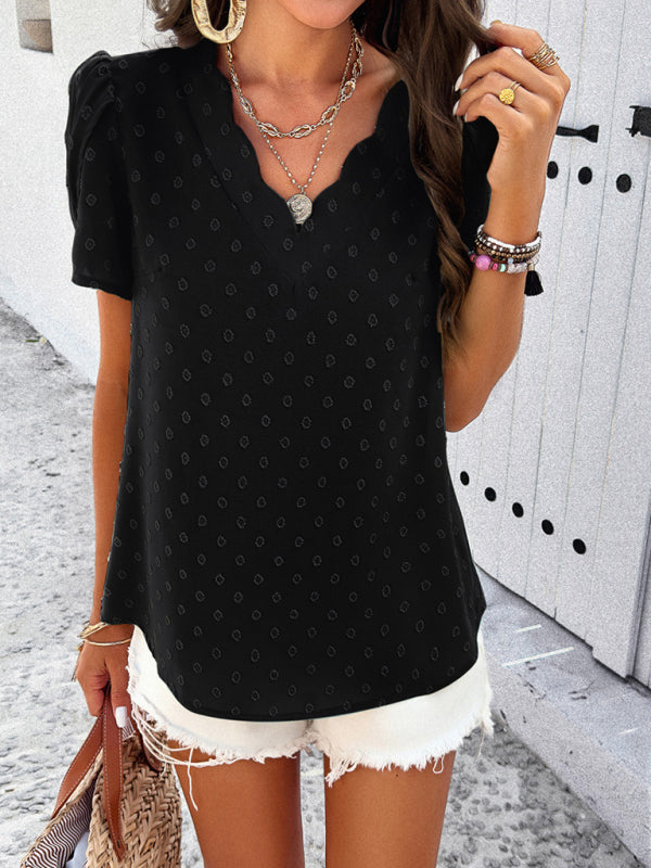 Women's style solid color V-neck ruffle sleeve top