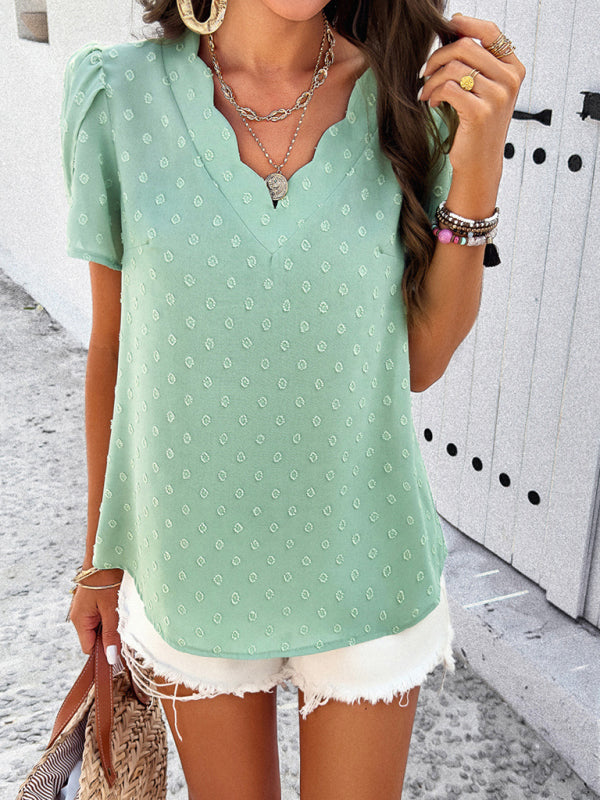 Women's style solid color V-neck ruffle sleeve top
