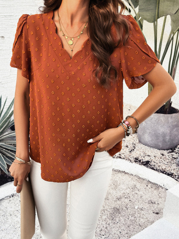 Women's style solid color V-neck ruffle sleeve top
