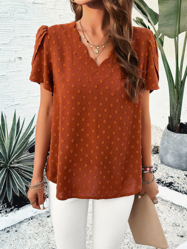 Women's style solid color V-neck ruffle sleeve top