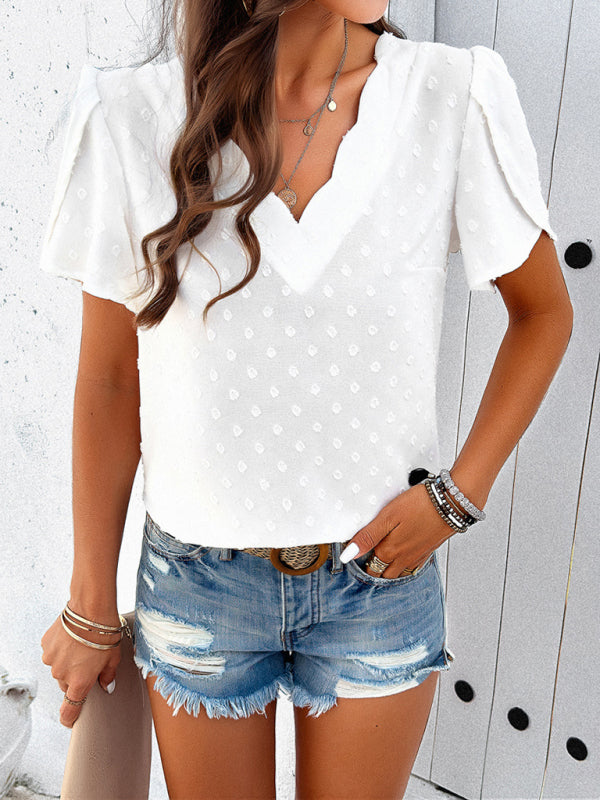 Women's style solid color V-neck ruffle sleeve top