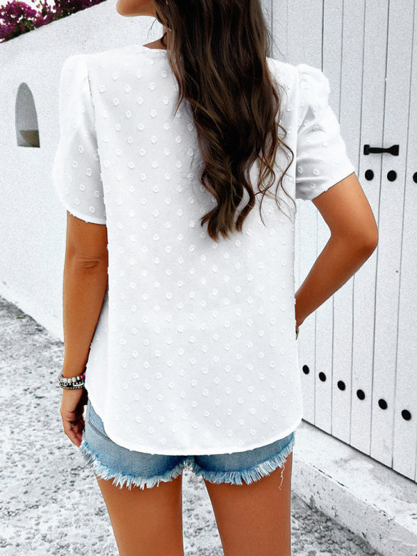 Women's style solid color V-neck ruffle sleeve top