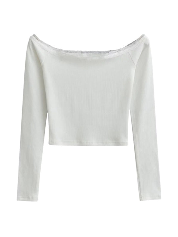 Damen Langarm-T-Shirt mit U-Boot-Ausschnitt und Patchwork-Spitze 