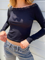 Damen Langarm-Pullover mit U-Boot-Ausschnitt und Spitzen-Patchwork 