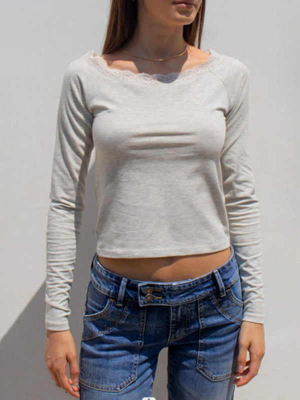 Damen Langarm-Pullover mit U-Boot-Ausschnitt und Spitzen-Patchwork 