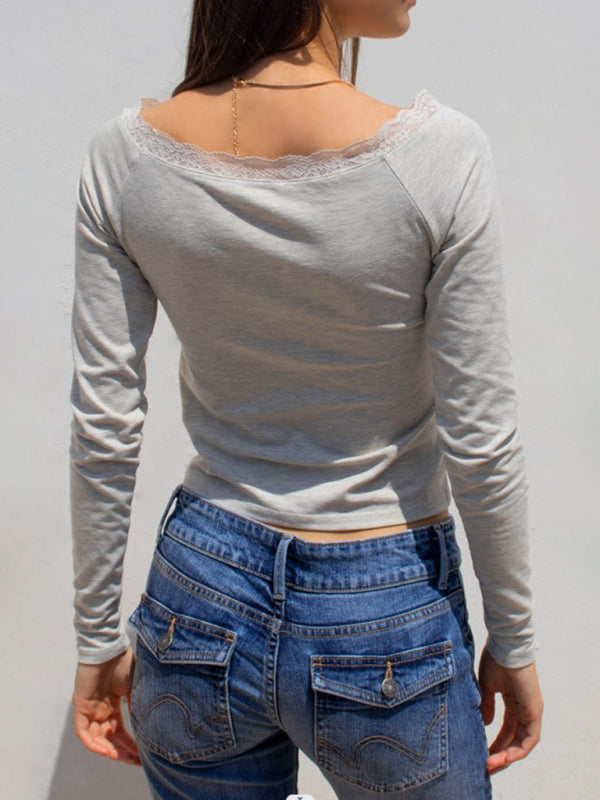 Damen Langarm-Pullover mit U-Boot-Ausschnitt und Spitzen-Patchwork 