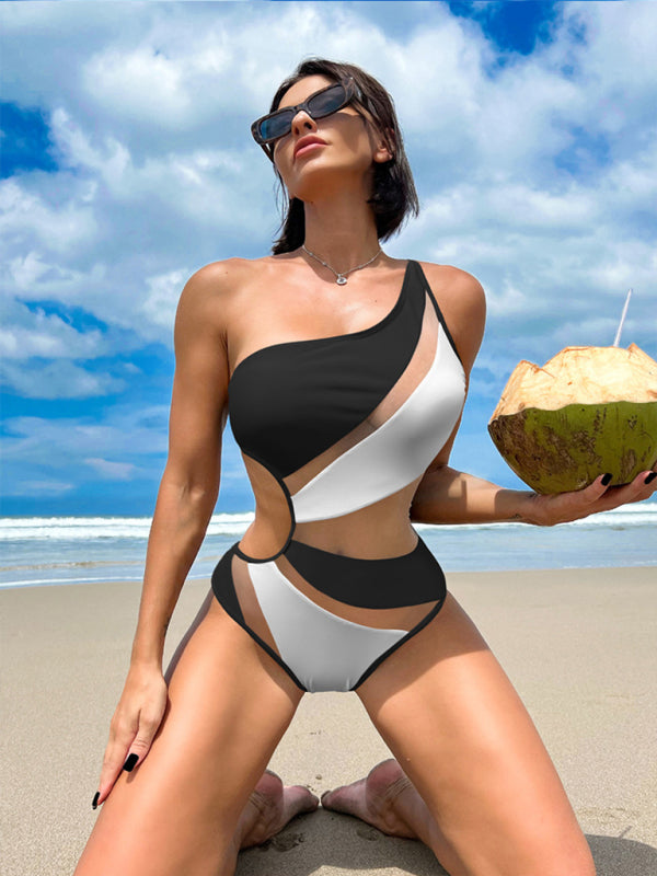 solid color hollow mesh bikini one-piece swimsuit