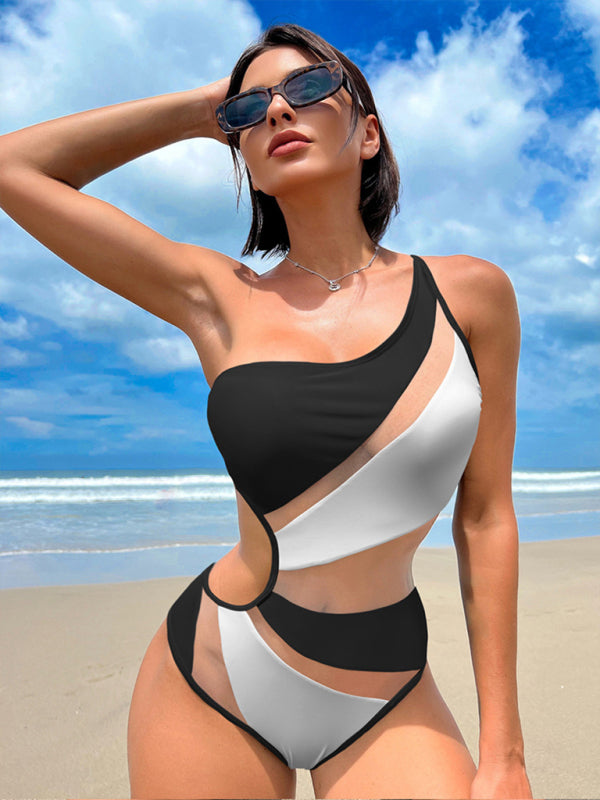 solid color hollow mesh bikini one-piece swimsuit