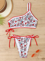 one-shoulder small fresh printed split triangle lace-up adjustable bikini