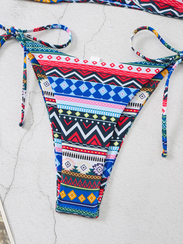 style halterneck lace-up adjustable briefs printed multi-color split bikini