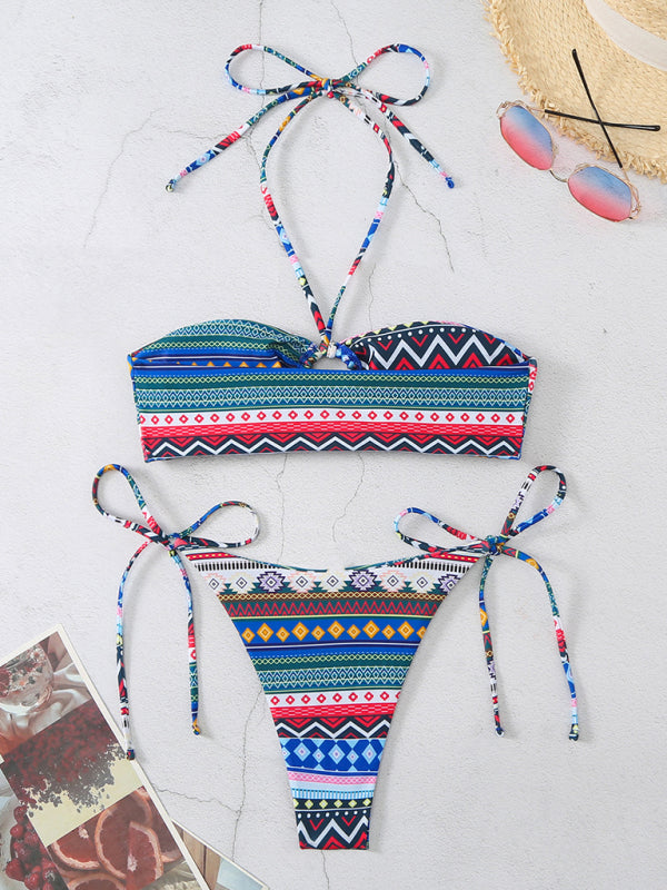 style halterneck lace-up adjustable briefs printed multi-color split bikini