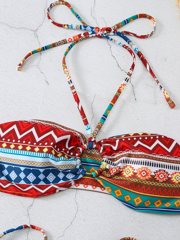 style halterneck lace-up adjustable briefs printed multi-color split bikini