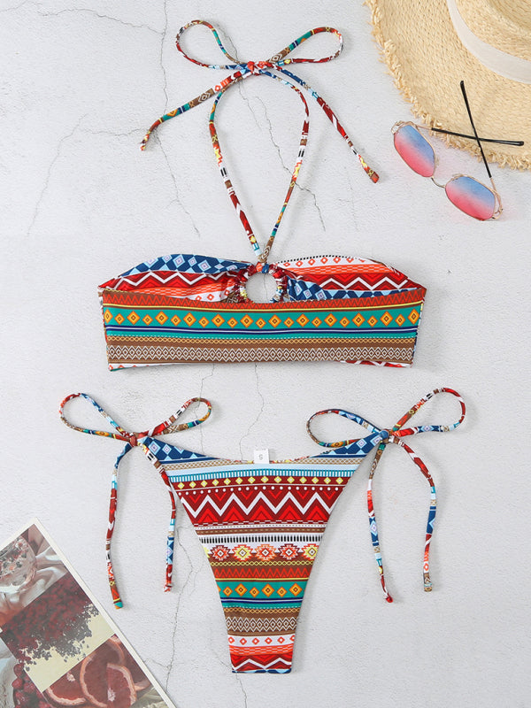 style halterneck lace-up adjustable briefs printed multi-color split bikini